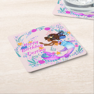 Naam Tekst Mermaid Pink Mauve Aqua Party toevoegen Vierkante Kartonnen Onderzetter
