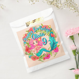 Naam Tijdstip roze zeemeermin blauwe staart Birthd Bedankzakje