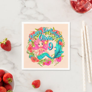 Naam Tijdstip roze zeemeermin blauwe staart Birthd Servet