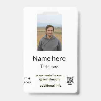 naam titel hier contact info Q R code logo foto e Badge