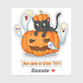 Naam toevoegen: Cute Black Cat Kitten op pompoenge Sticker (Vel)