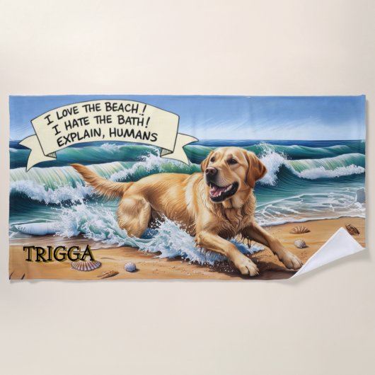 Naam toevoegen, Golden Labrador Dog Running in Wav Strandlaken (Voorkant)