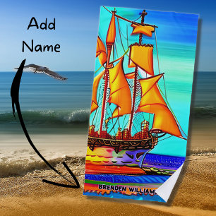 Naam toevoegen: Golden Sailing Ship Beach Towel Strandlaken