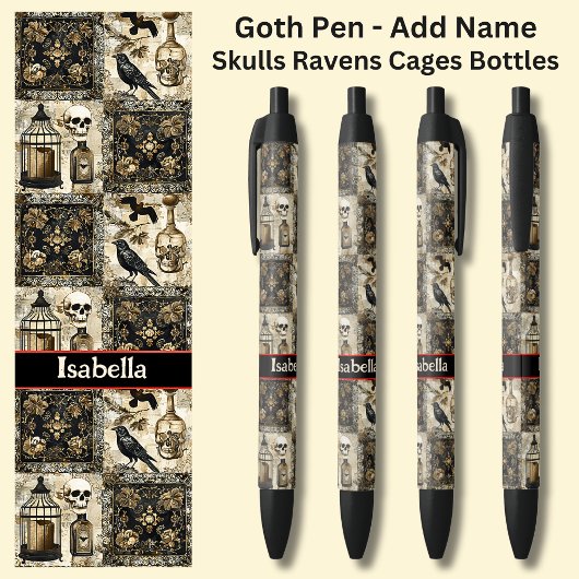 Naam toevoegen, Gothic Skulls Ravens Cages Bottles Zwarte Inkt Pen