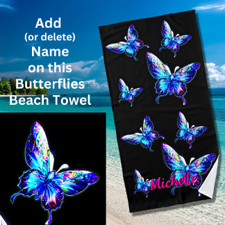 Naam toevoegen: Iridescent Blue Butterflies op zwa Strandlaken