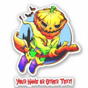 Naam toevoegen: Monster Pumpkin Head Witch Flying  Sticker