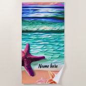 Naam toevoegen, Ocean Waves en Paarse Star Fish op Strandlaken (Voorkant)