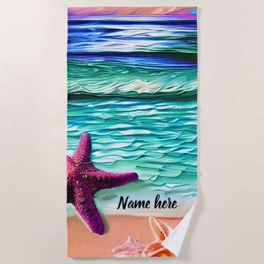 Naam toevoegen, Ocean Waves en Paarse Star Fish op Strandlaken (Voorkant)