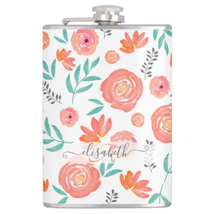 Naam toevoegen + Roze koraal Waterverf Floral Patr Heupfles