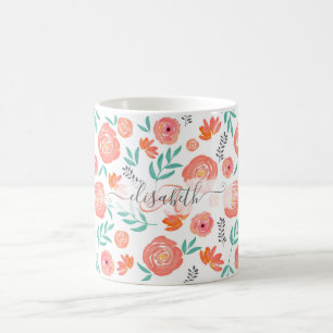 Naam toevoegen + Roze koraal Waterverf Floral Patr Koffiemok