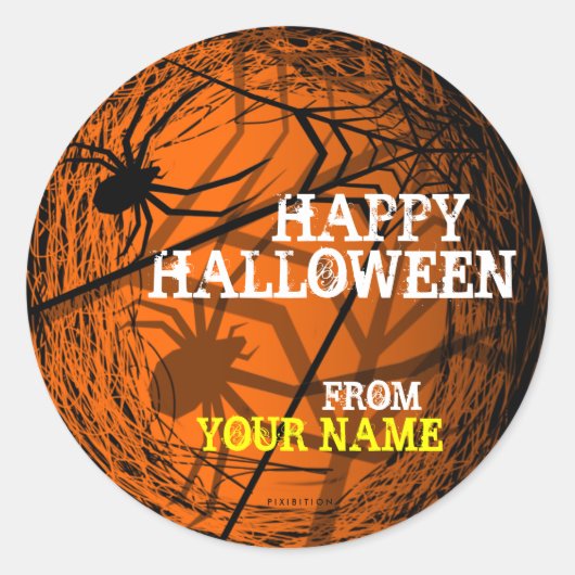 Naam toevoegen Spider Web Halloween Sticker Sinaas (Voorkant)