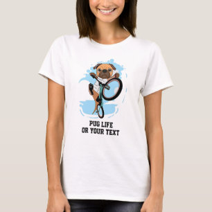 Naam toevoegen Tekst Cute Pug Dog Riding op Bike B T-shirt