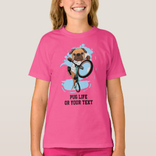 Naam toevoegen Tekst Cute Pug Dog Riding op Bike B T-shirt