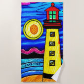 Naam toevoegen, vuurtoren in de zon, rood geel bla strandlaken (Voorkant)