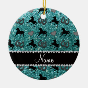 Naam turkooise glitter paarden harten hoefijzer keramisch ornament
