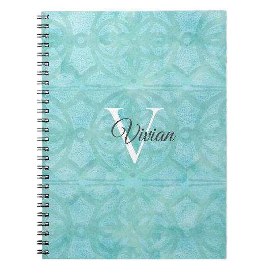 Naam Turquoise Blue Waterverf Monogram Notitieboek (Voorkant)
