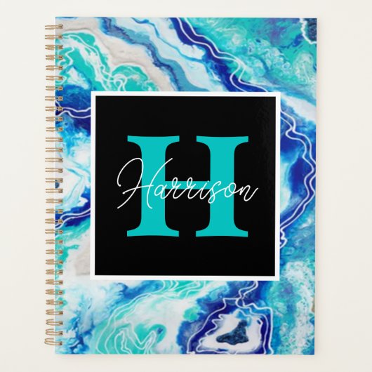 Naam Turquoise en Blue Marble Monogram Planner (Voorkant)