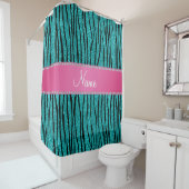 Naam turquoise glitter zebra stripes roze stripe douchegordijn (In situ)