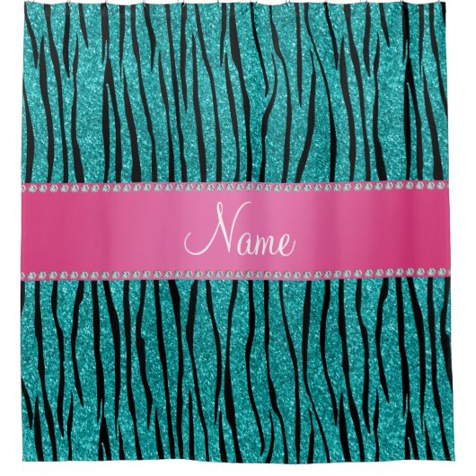 Naam turquoise glitter zebra stripes roze stripe douchegordijn (Voorkant)