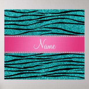 Naam turquoise glitter zebra stripes roze stripe poster
