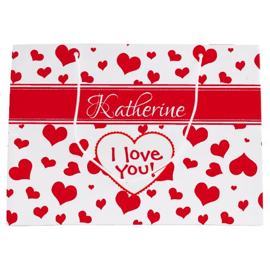 'Naam' Valentijnsdag Rood Random Hearts Patroon Groot Cadeauzakje (Voorkant)