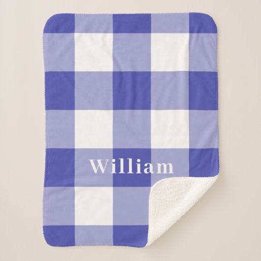 Naam van blauw Gingham Pattern Monogram Sherpa Deken (Voorkant)
