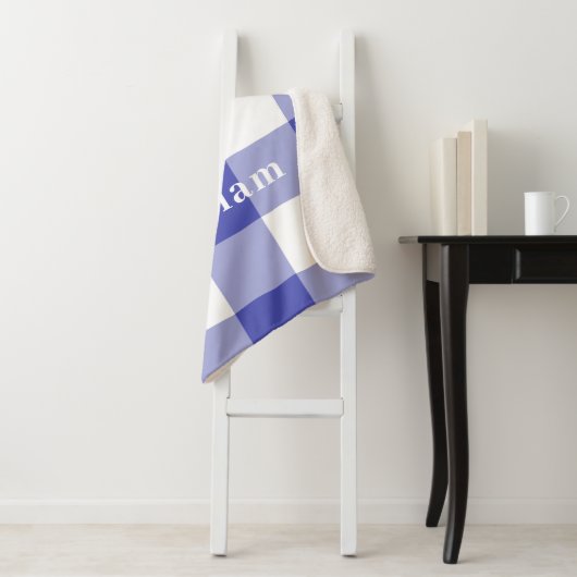 Naam van blauw Gingham Pattern Monogram Sherpa Deken (In situ)