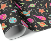 Naam van Cute Space Rocket Pattern Birthday Cadeaupapier (Rol Hoek)
