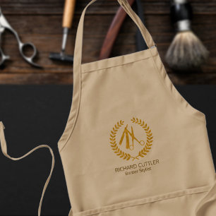 Naam van de kappersbassins en logo-barber-winkel e standaard schort