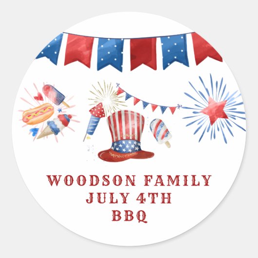 Naam van de vierde juli-reeks BBQ Ronde Sticker (Voorkant)