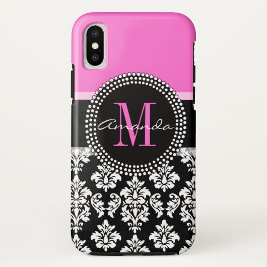 Naam van het Hot Pink Black Damask Monogram Case-Mate iPhone Case (Achterkant)