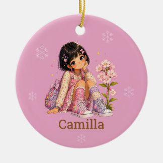 Naam van meisje met zwart kort haar keramisch ornament
