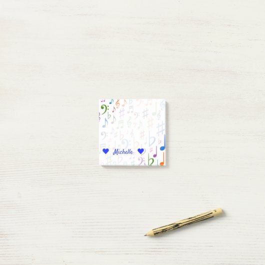 Naam + Veel kleurrijke Muzieknoten en notities van Post-it® Notes (Op bureau)