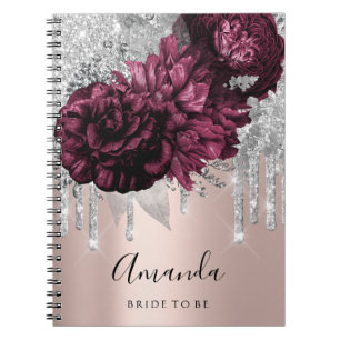 Naam Vrijgezellenfeest Marsala Drips Floral Peony Notitieboek