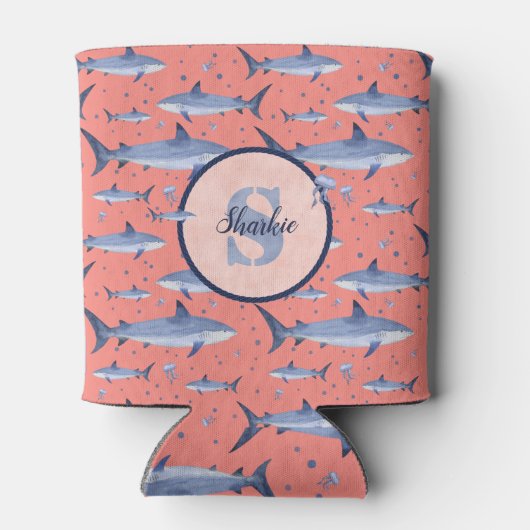 🌊🦈 Naam + Waterverf Coral Shark Monogram Blikjeskoeler (Achterkant)