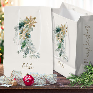 Naam Waterverf Modern Foliage Merry Christmas Medium Cadeauzakje