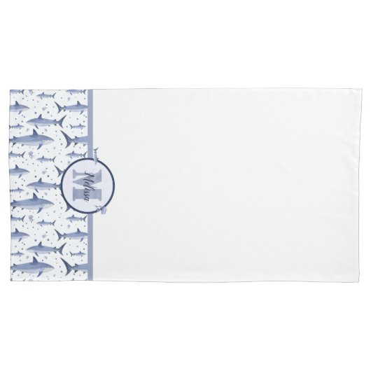 Naam + Waterverf Monogram Shark | Blauw en wit Kussensloop (Voorkant-Links)