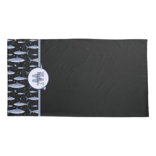 Naam + Waterverf Monogram Shark | Zwart-blauw Kussensloop (Achterkant-Links)