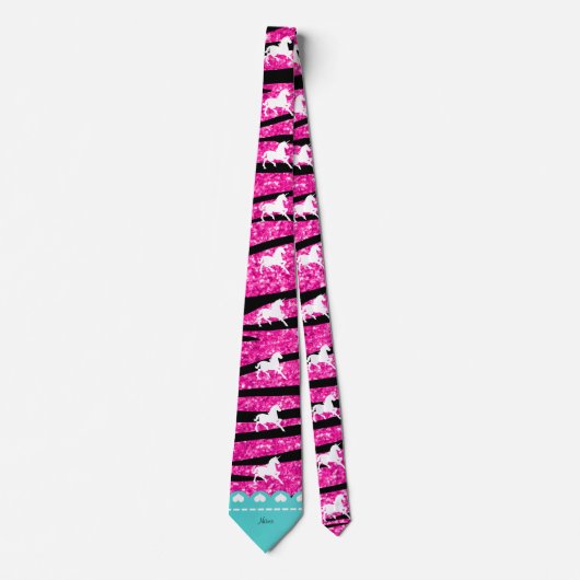 Naam witte eenhoorn hete roze glitter zebra strepe stropdas (Voorkant)