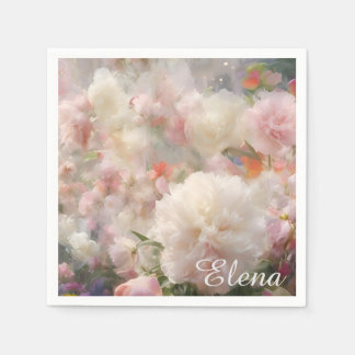 Naam Witte & Roze Pioenrozen Watercolor Schilderin Servet