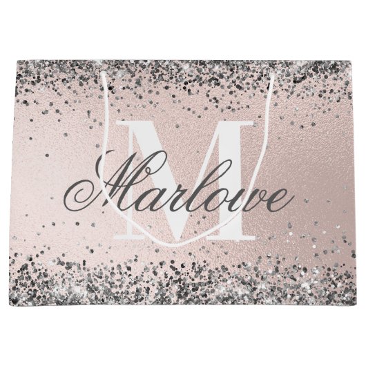 Naam Zilver Glitter Blush Roze Aangepast Monogram Groot Cadeauzakje (Voorkant)