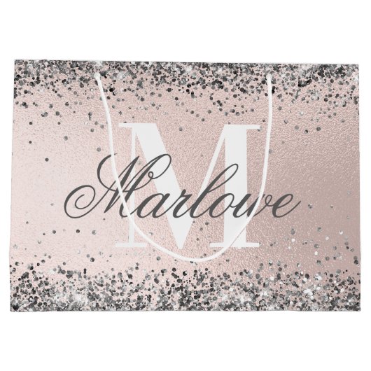 Naam Zilver Glitter Blush Roze Aangepast Monogram Groot Cadeauzakje (Achterkant)