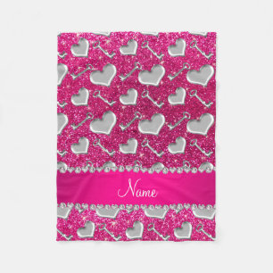 Naam zilveren hartensleutels neon hot roze glitter fleece deken