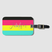 Naam zwart en neonkleurblok Stripe monogram Bagagelabel (Voorkant (horizontaal))
