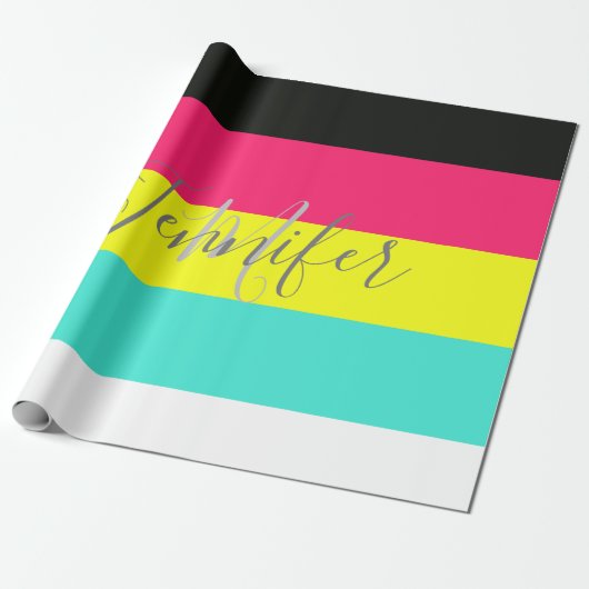 Naam zwart en neonkleurblok Stripe monogram Cadeaupapier (Uitgerold)