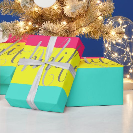 Naam zwart en neonkleurblok Stripe monogram Cadeaupapier (Feestdagen)