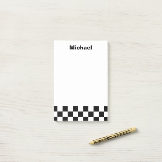 Naam zwart-wit gevinkt patroon post-it® notes (Op bureau)