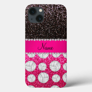 Naam zwarte neon roze glinster volleyballs iPhone 13 hoesje
