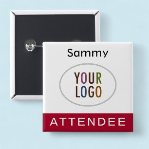 Naambadge deelnemer met logo donkerrood vierkant vierkante button 5,1 cm