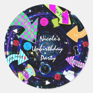 Naar het konijnenhol Alice in Wonderland Feest Ronde Sticker
